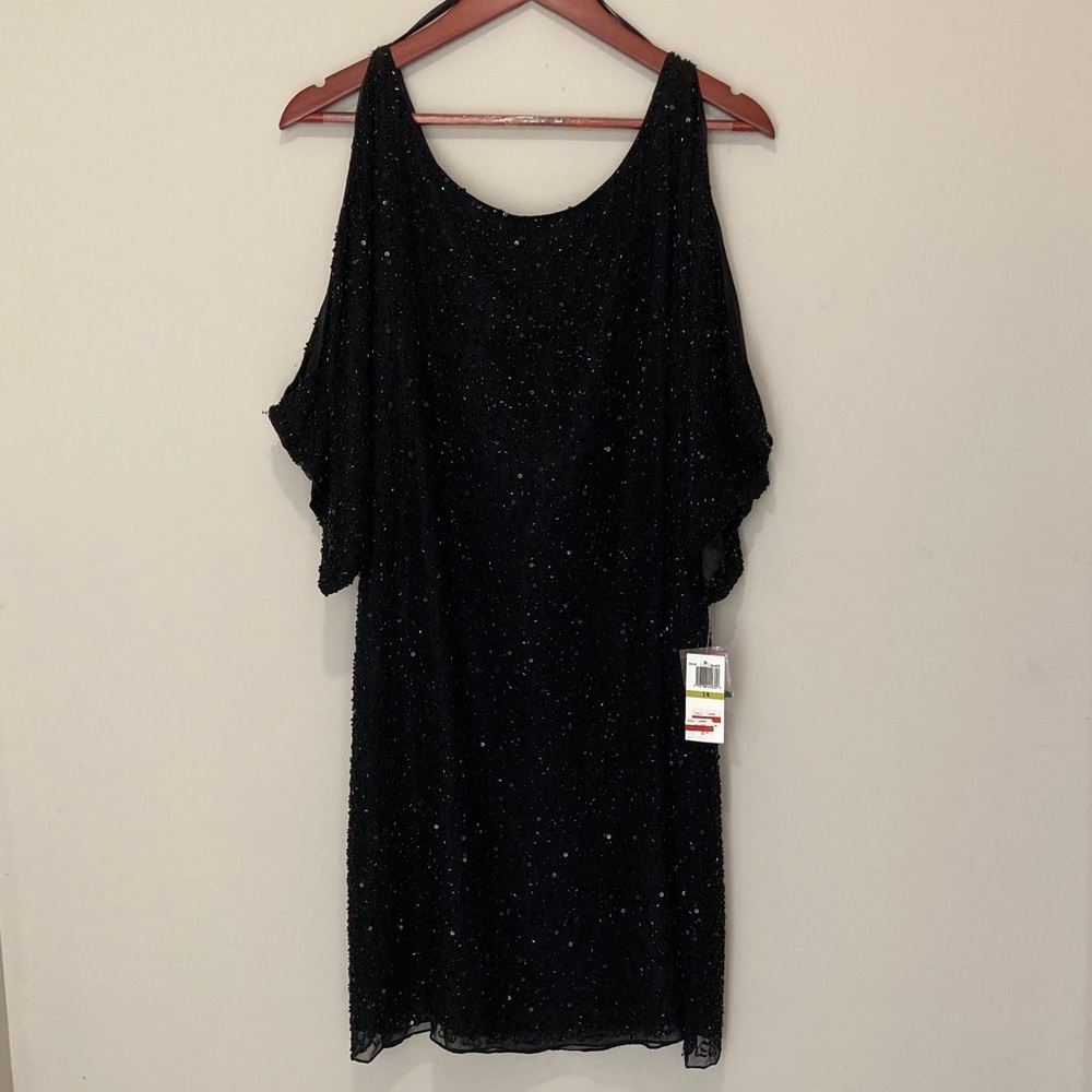 Pisarro Nights Black Sparkle Cold Shoulder Dress , silk fully beaded with liner